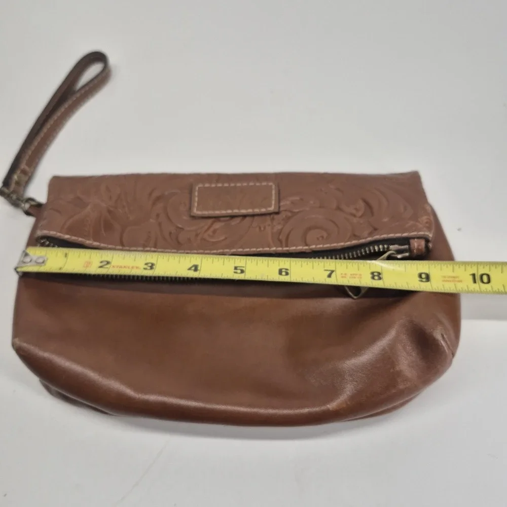 Patricia Nash Valerie Fold Over Wristlet Brown Tan Tooled Leather Finish